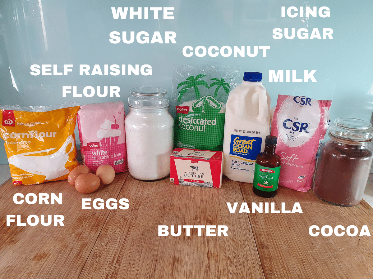 Lamingtons 3 Lamington ingredients, corn flour, eggs, self raising flour, white sugar, butter, coconut, milk, vanilla, icing sugar, cocoa.