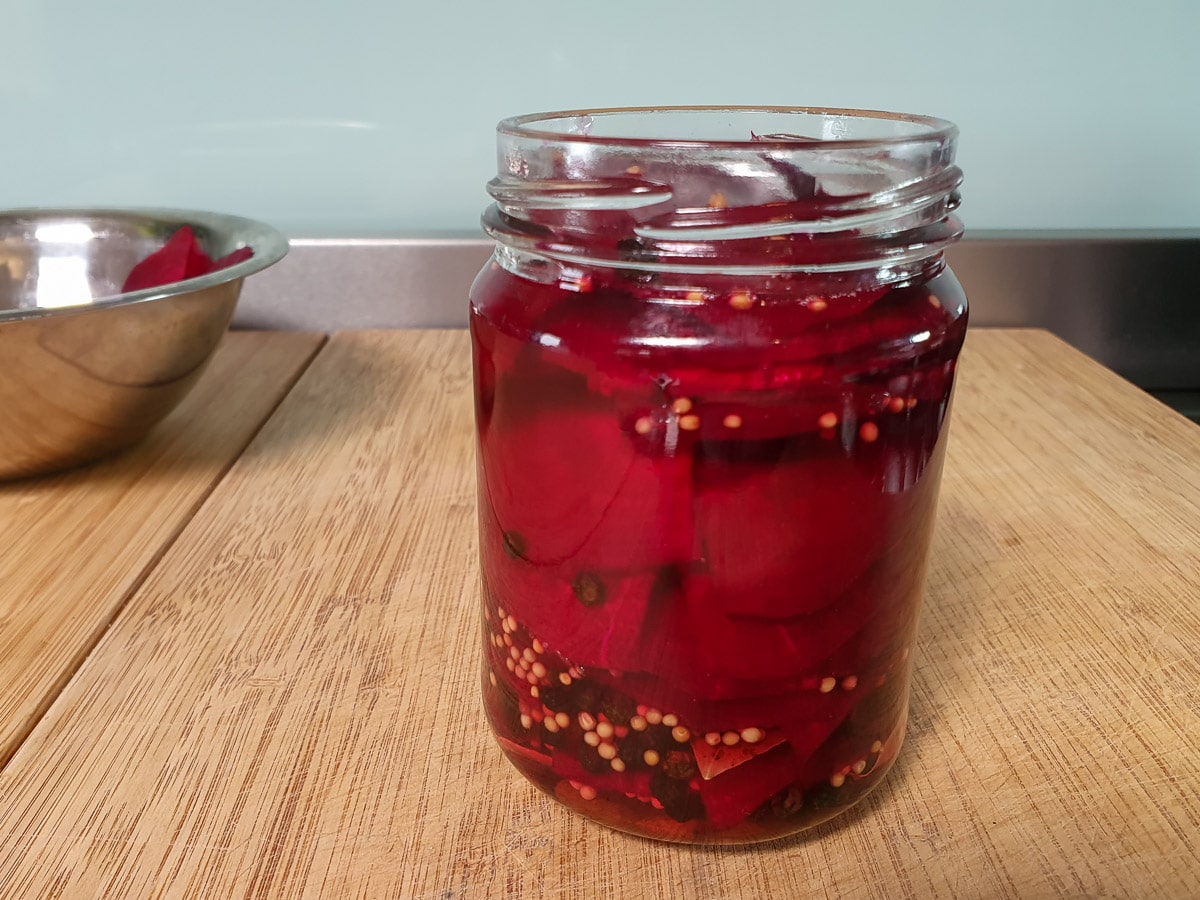 Refrigerator pickled beets 13 Final layer of beets and pickling liquid in jar ready to put lid on.