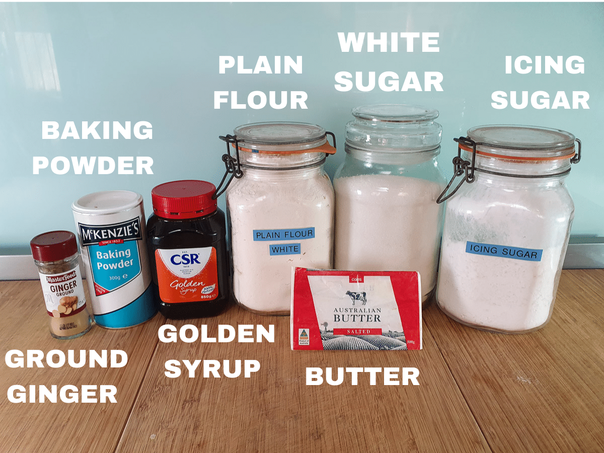 Ginger crunch 3 Ginger crunch ingredients, ground ginger, baking powder, golden syrup, plain flour, butter, white sugar, icing sugar.