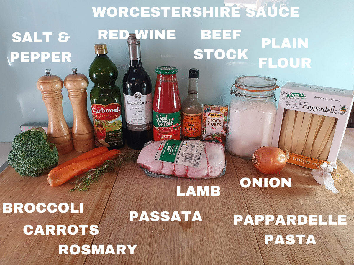 Slow cooker lamb ragu 3 Slow cooker lamb ragu ingredients, broccoli, carrots, fresh rosemary, salt and pepper, red wine, Worcestershire sauce, beef stock, plain flour, lamb, passata, onion, pappardelle pasta.