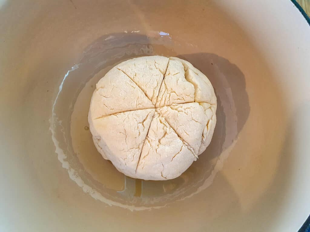 Damper 9 Dough in greased Dutch oven ready to bake.