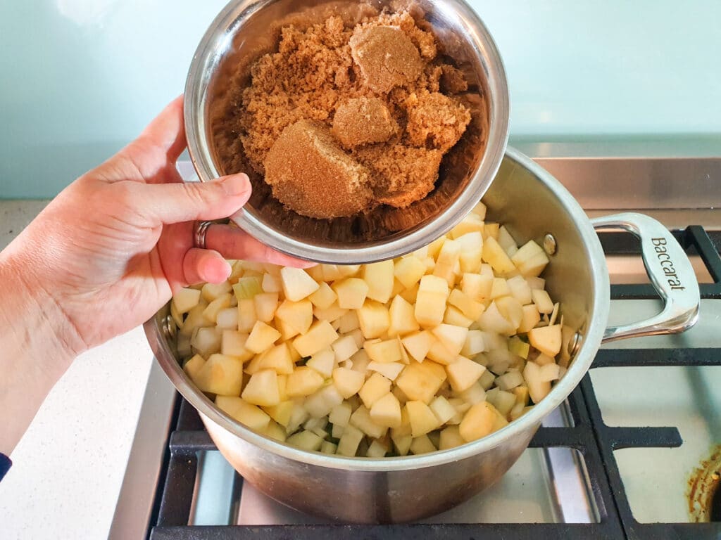 Feijoa chutney 9 Adding brown sugar to pot.