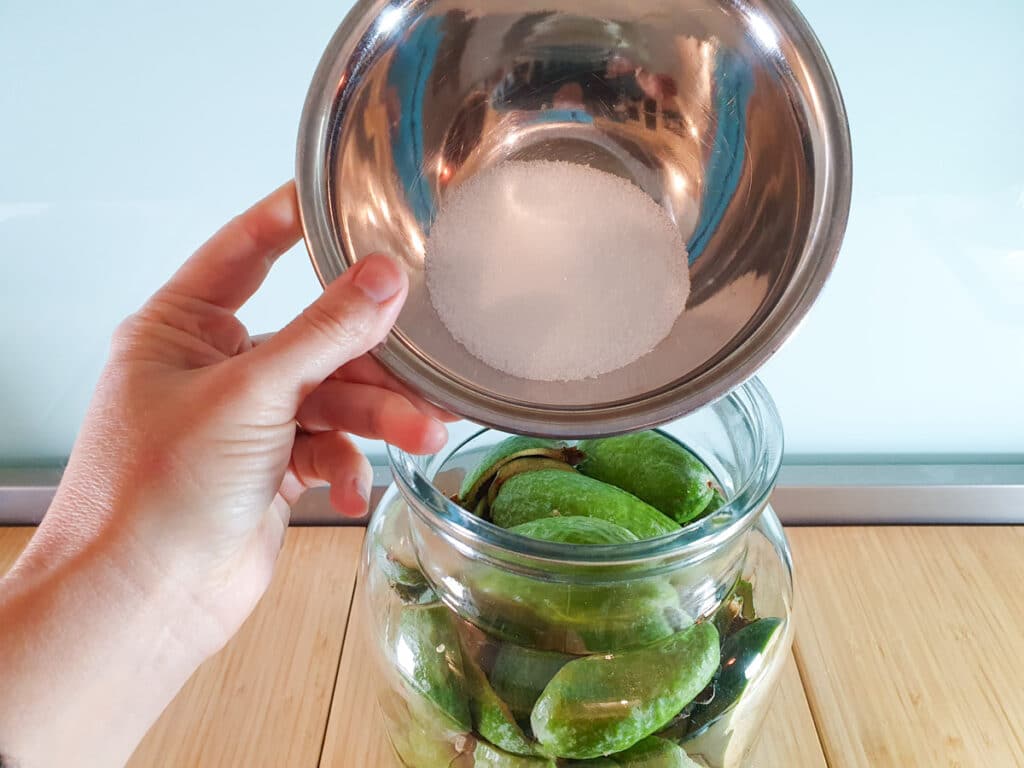 Feijoa fizz 4 Adding sugar to feijoa skins.