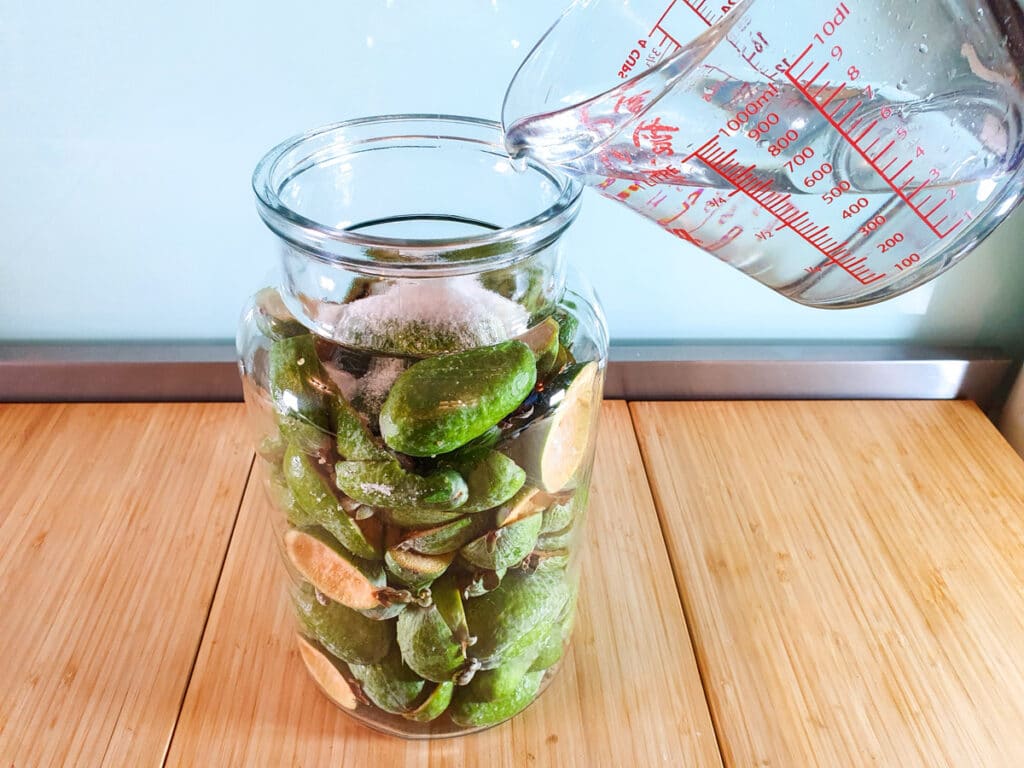 Feijoa fizz 5 Adding water to jar with feijoa skins.