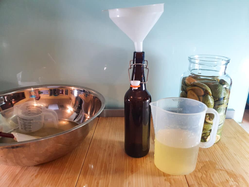Feijoa fizz 9 Pouring feijoa juice into bottled using a funnel after first brew.