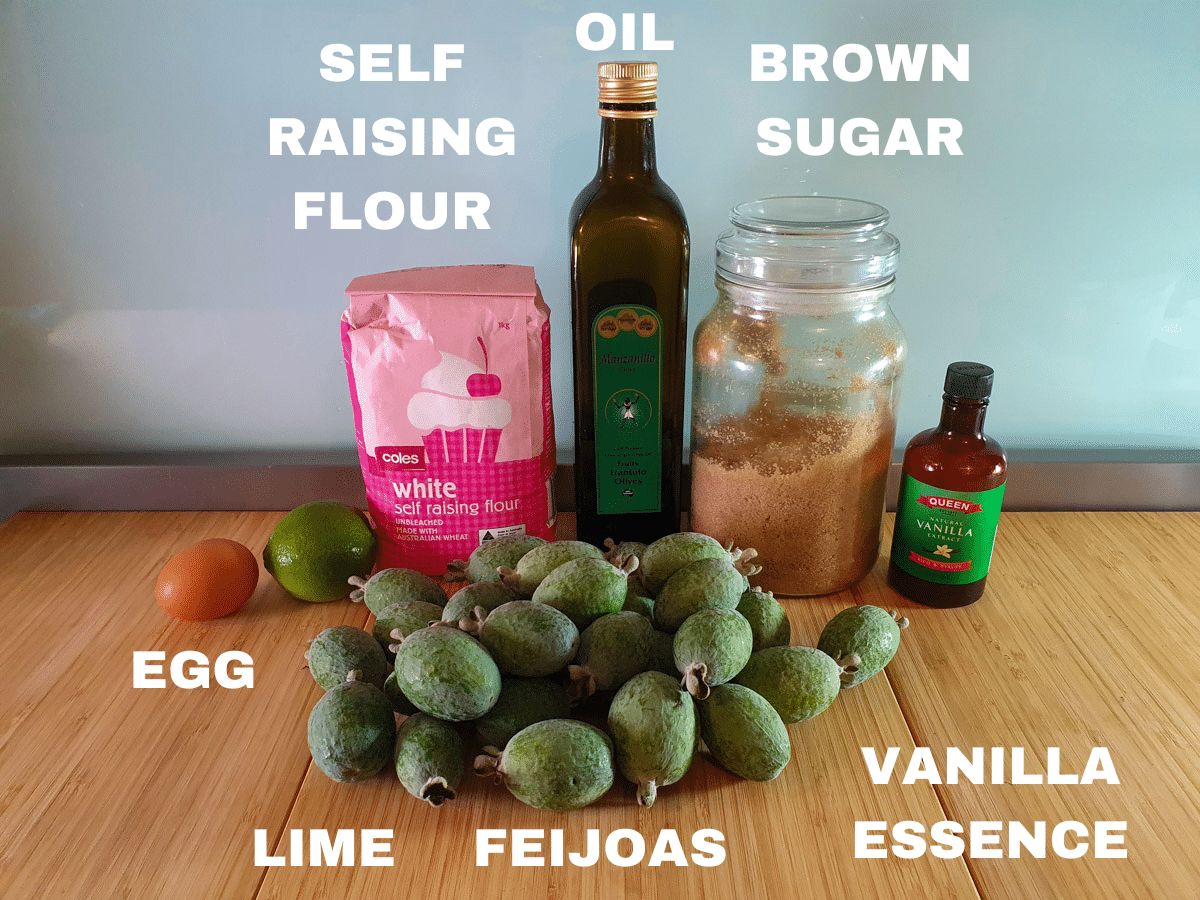 Feijoa muffins 2 Feijoa muffins ingredients, egg, lime, feijoas, oil, brown sugar, self raising flour, vanilla essence.