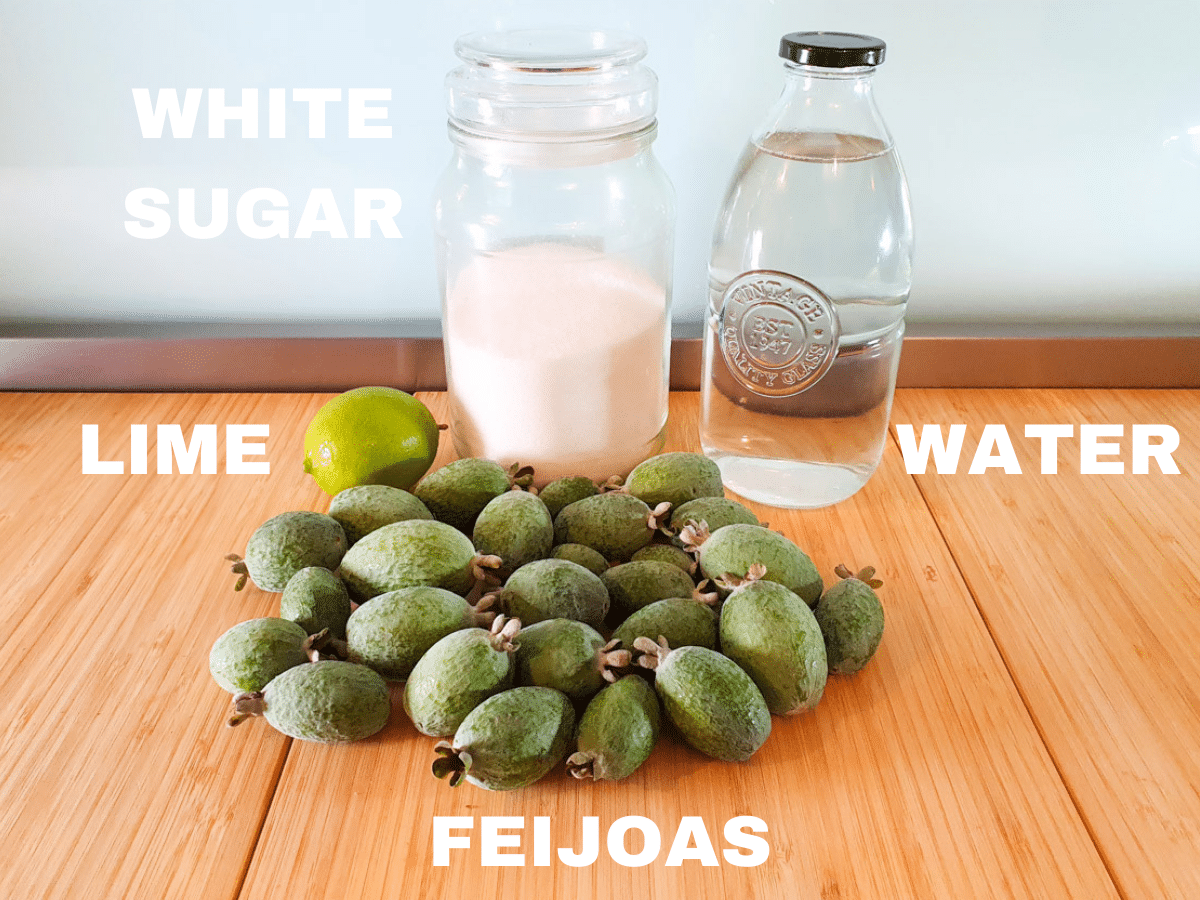 Feijoa syrup 2 Feijoa syrup ingredients, feijoa skins, lime, white sugar and water.