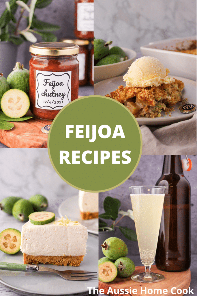 Feijoa recipes 28 Feijoa chutney, feijoa crumble, feijoa cheesecake and feijoa fizz photos, with text overlay, feijoa recipes and The Aussie Home Cook.