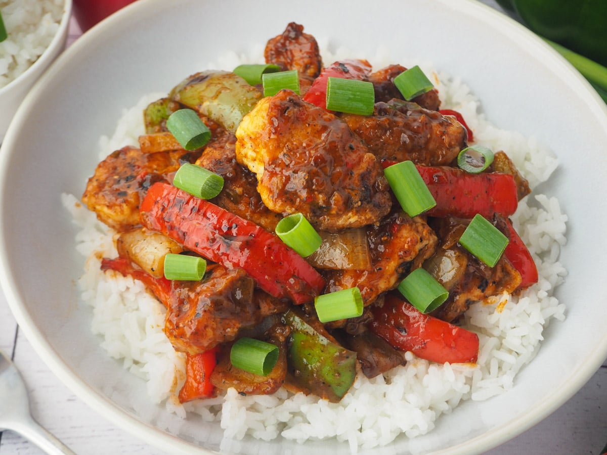 Chilli Chicken Gravy 2 Close up chicken with spring onions.