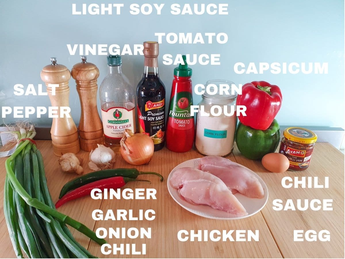 Chilli Chicken Gravy 3 Ingredients, salt and pepper, spring onions, vinegar, light soy sauce, tomato sauce, corn flour, capsicum, ginger, garlic, onion, chilli, chicken, egg, chili sauce.