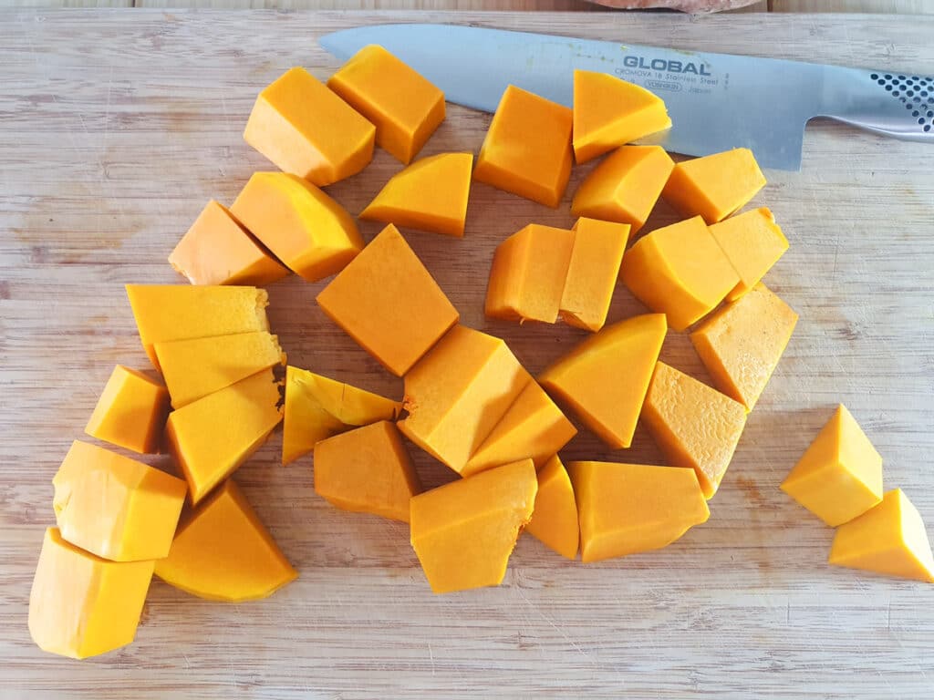 Pumpkin and Sweet Potato Soup 3 Chopping the peeled pumpkin in to medium sized chunks.