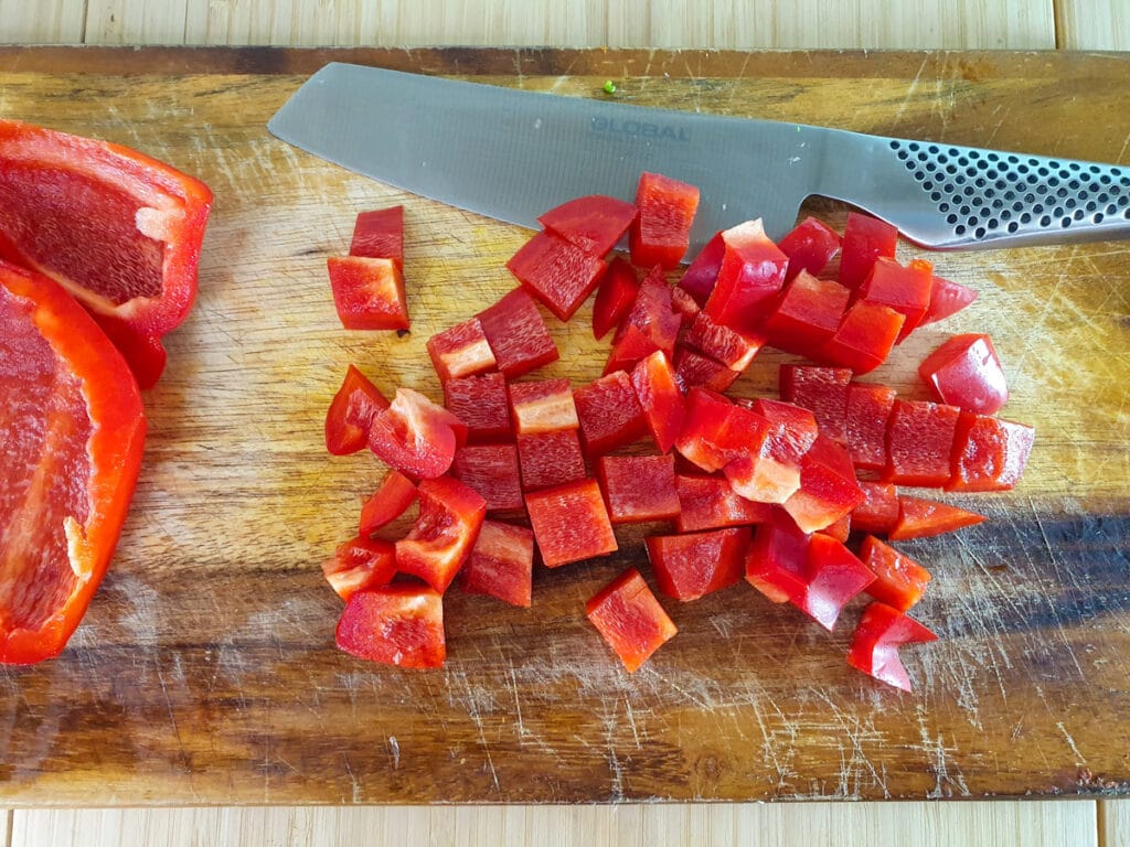 Four Bean Salad 7 Dicing red bell pepper.