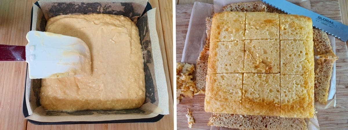 Fairy Bread Lamingtons 5 Process shots: smoothing down the cake batter in the cake tin, cutting off the smooth edges of the cooked, cooled cake, ready to freeze.