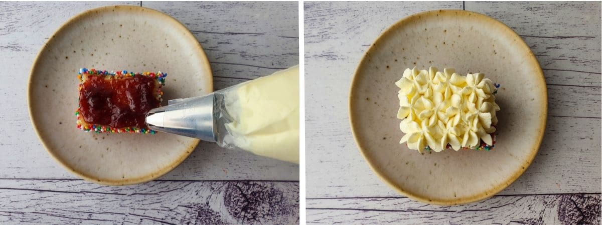 Fairy Bread Lamingtons 8 Process shots: spreading jam onto cut open lamington, piping whipped cream on top of cream.