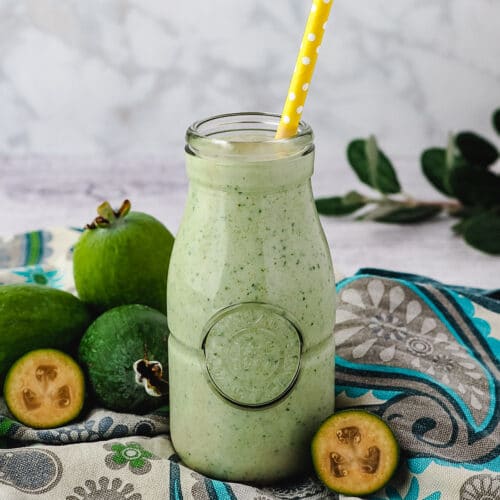 Feijoa Smoothie 20 Feijoa smoothie with straw.