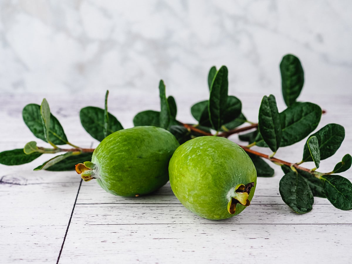 Feijoa Smoothie 2 Fresh feijoas and feijoa leaves.