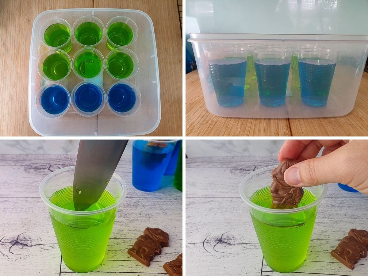Frog In The Pond 5 Process shots: putting jelly cups into a covered container to set in the fridge, slitting jelly with a knife, pushing in frogs.