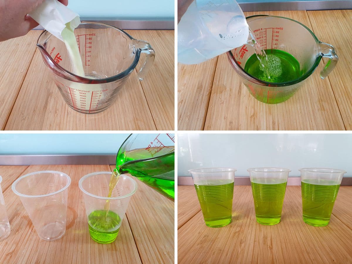 Frog In The Pond 4 Process shots: adding jelly to jug, adding boiling water, pouring jelly into cups.