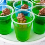 Frog In The Pond 8 Close up jelly cups on a plate.