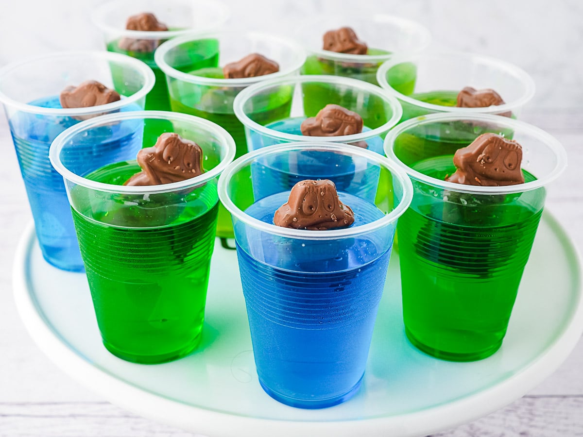 Frog In The Pond 7 Several jelly cups on a plate.