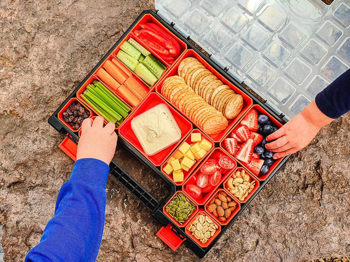 Kids Charcuterie Board 2 Charcuterie board with kids hands reaching in to take something.