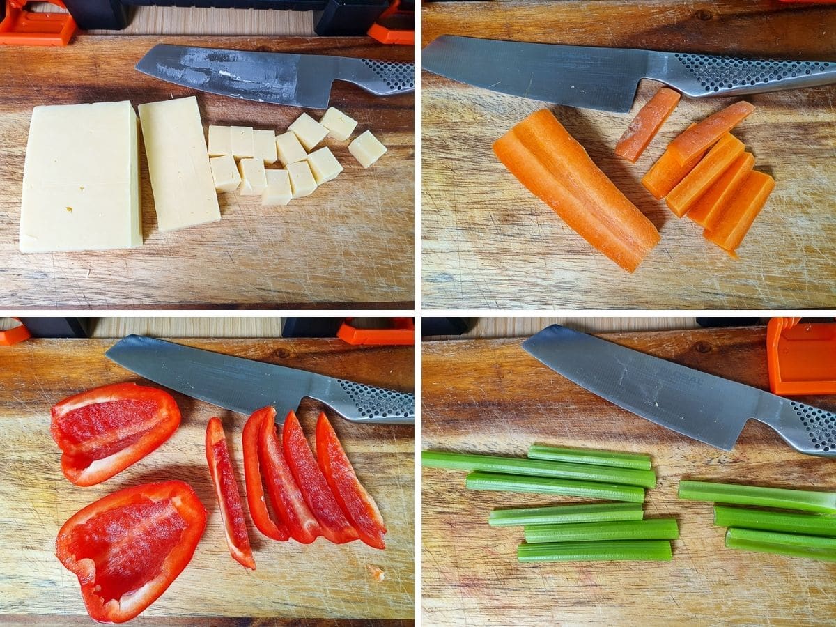 Kids Charcuterie Board 4 Process shots: cubing cheese, slicing carrots, capsicum (bell pepper) and carrots.