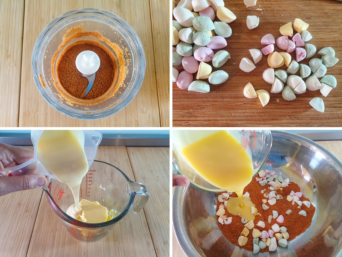 Lolly Cake 5 Process shots: blitzing biscuits, slicing fruit puffs, adding condensed milk to butter before melting, adding butter to mix.