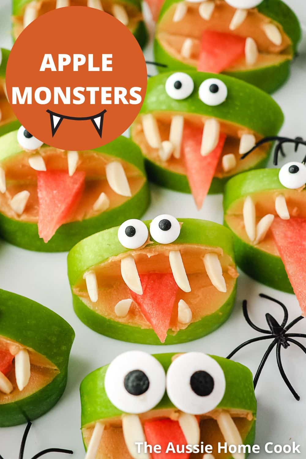Apple Monsters 9 Apple monsters on a plate with text overlay, Apple monsters and The Aussie Home Cook.