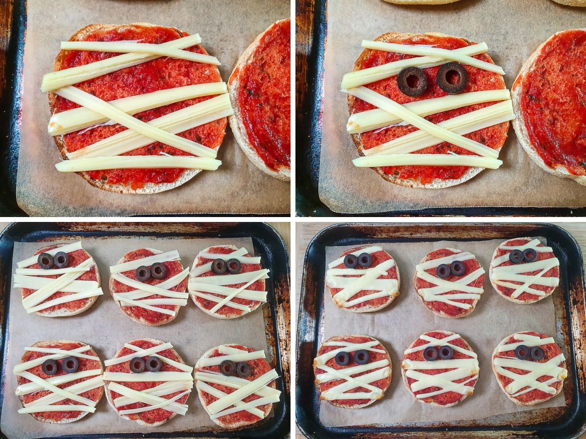 Mummy Pizzas 5 Process shots: criss crossing string cheese to form mummy wrappings, adding sliced olive eyes, ready to bake pizzas, baked pizzas with cheese just melted.