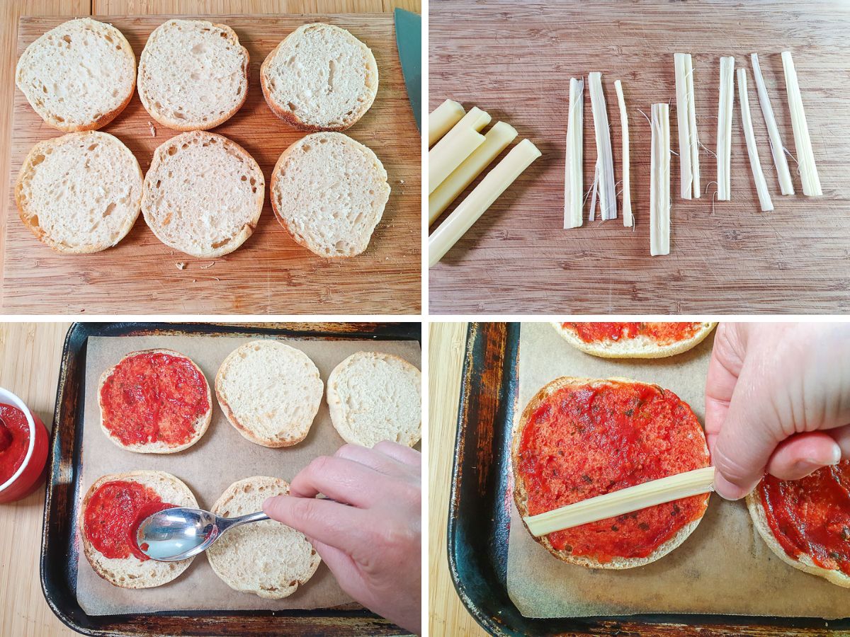 Mummy Pizzas 4 Process shots: slicing open English muffins before toasting, separating string cheese, spreading on pizza sauce, laying on string cheese and pinching off overhang.