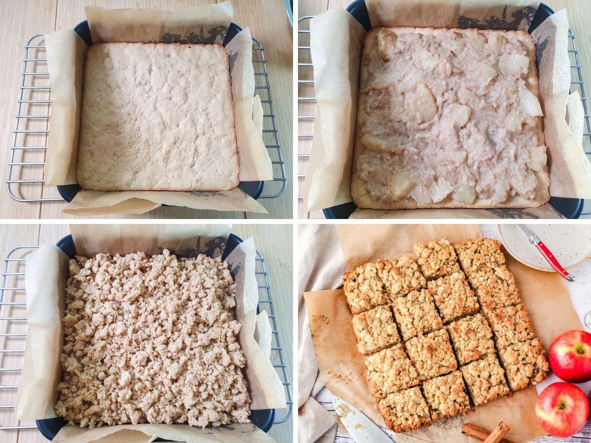 Apple Slice 6 Process shots: blind baked biscuit base, adding apple filling, crumbling topping onto apple filling, baked and sliced apple slice.