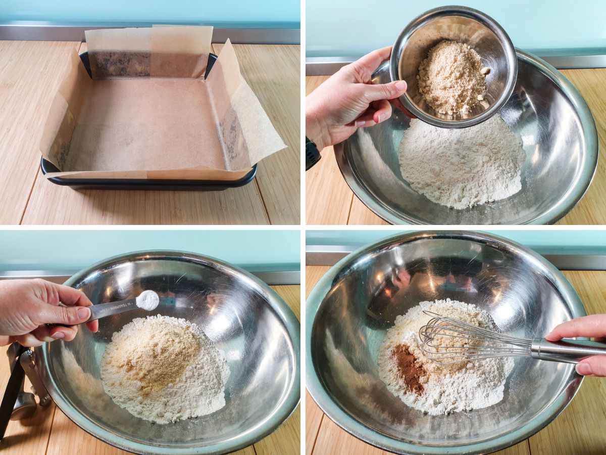 Apple Slice 3 Making the biscuit base: greasing and lining the cake tin, adding almond meal, baking powder and salt to flour, then mixing well.