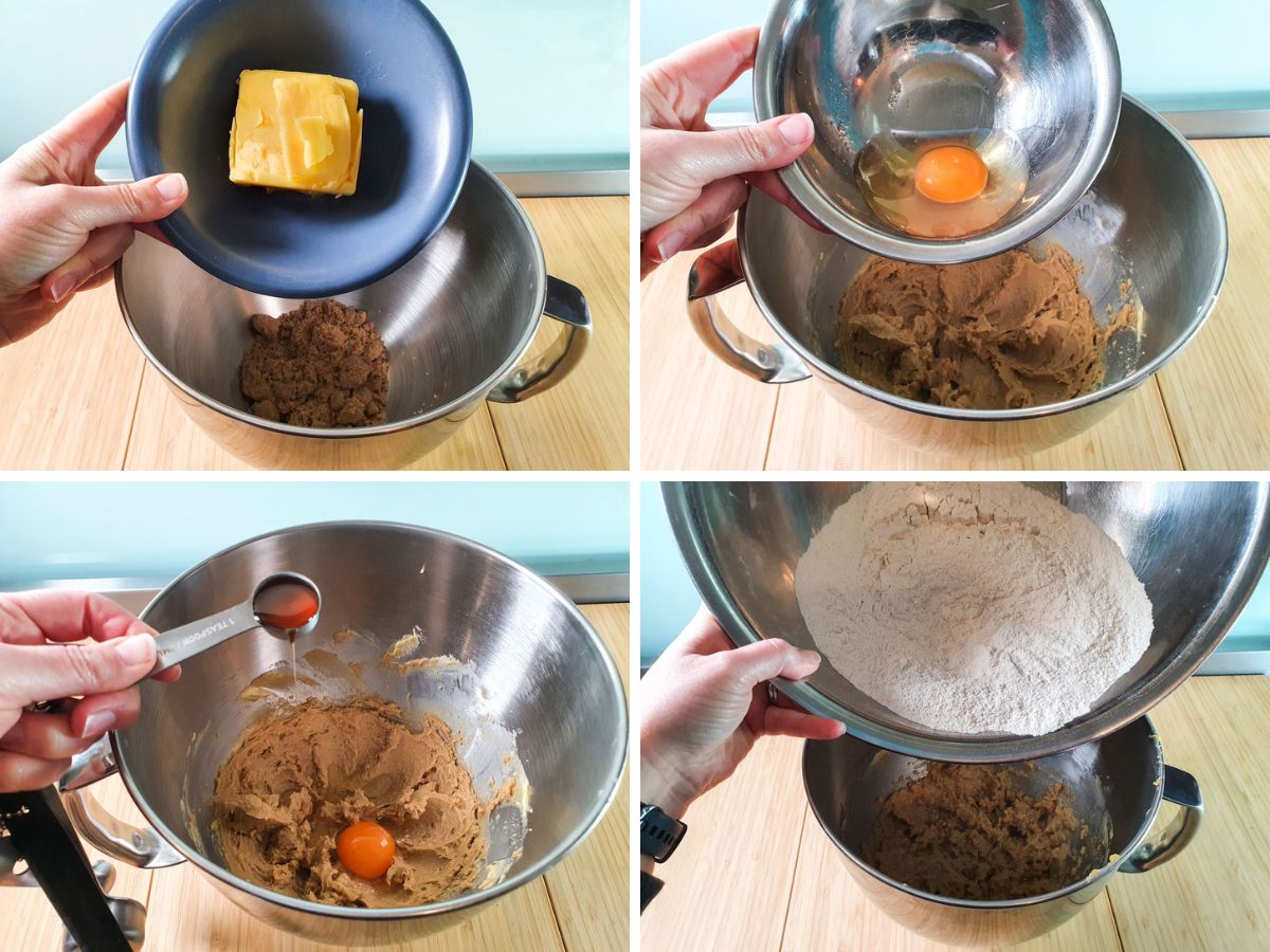 Apple Slice 4 Making biscuit base - adding butter to sugar, adding egg, adding vanilla extract, adding flour and spice mix.