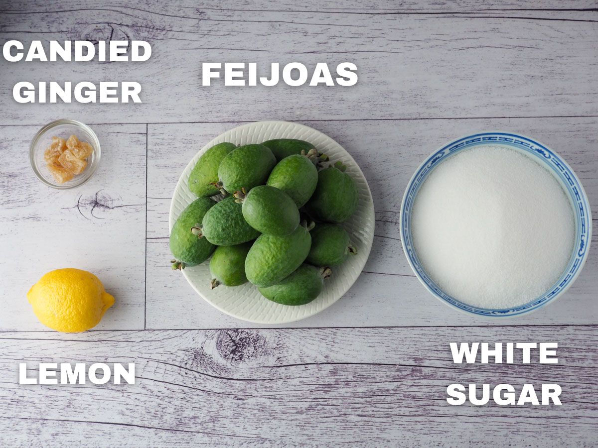 Feijoa Jam 2 Ingredients: feijoas, white sugar, lemon, candied ginger.