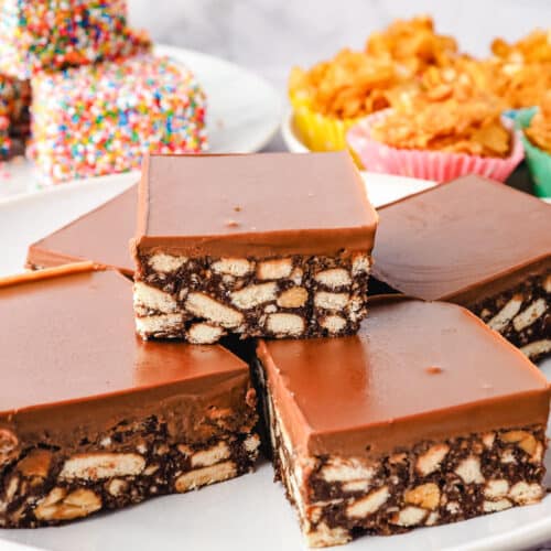 Hedgehog Slice 27 Close up shot of pieces of hedgehog slice, with party food in the background.