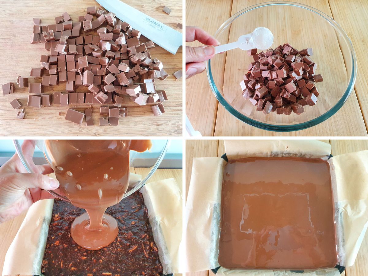 Hedgehog Slice 5 Process shots: chopping chocolate, adding coconut oil, tipping melted chocolate onto base and smoothing out.