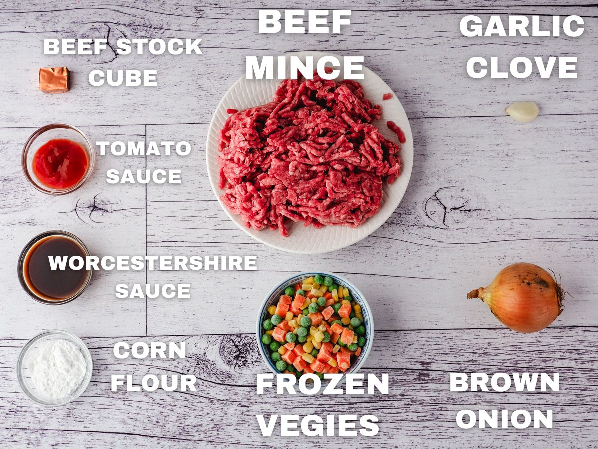 Savory Mince 2 Ingredients: been mince, mixed frozen veg, garlic clove, brown onion, beef stock cube, tomato sauce, corn flour, Worcestershire sauce.