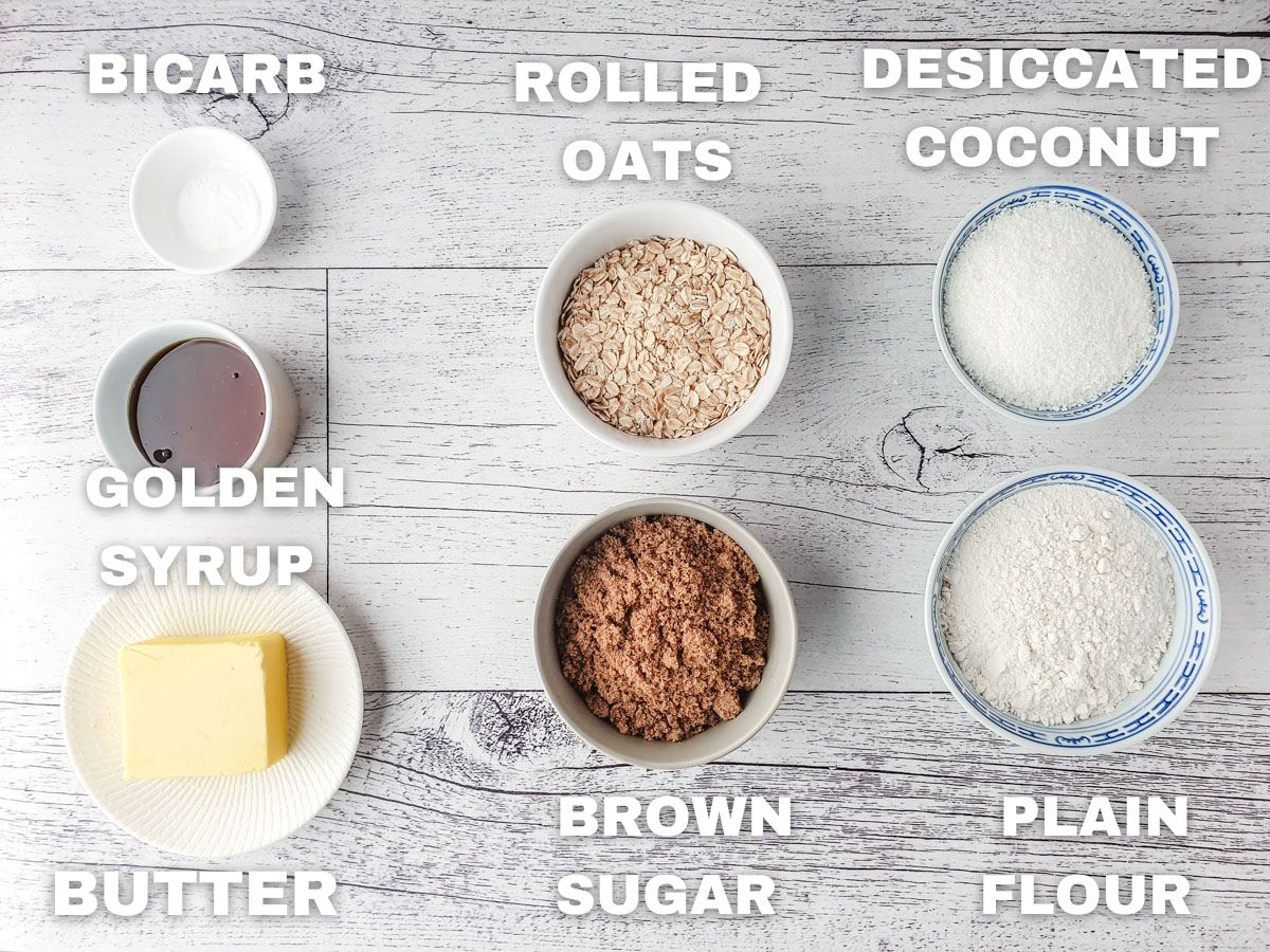 Anzac Cheesecake 2 Ingredients: bicarb, golden syrup, unsalted butter, rolled oats, brown sugar, desiccated coconut, plain flour.