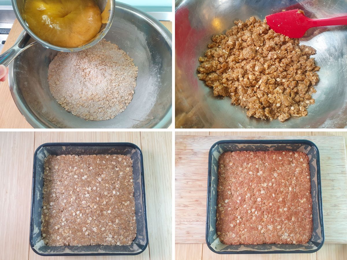 Anzac Slice 4 Process shots, adding foamy butter mix to dry ingredients, mixed ingredients, unbaked slice in tin, golden brown baked slice in tin.