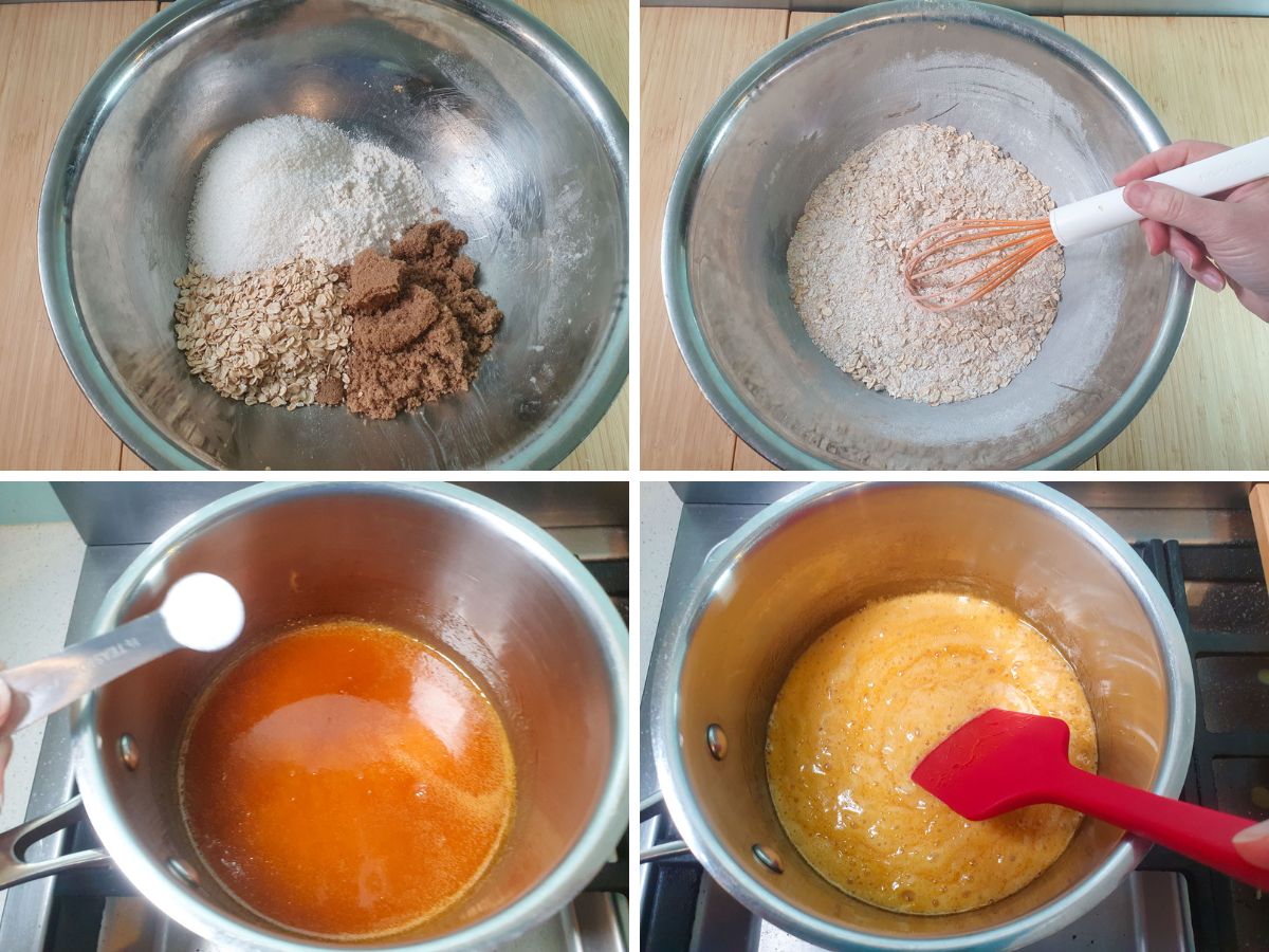 Anzac Cheesecake 4 Process shots: dry ingredients except bicarb in a mixing bowl, mixing with a whisk, separately adding bicarb to melted butter and golden syrup, stirring foaming up mix after adding bicarb.