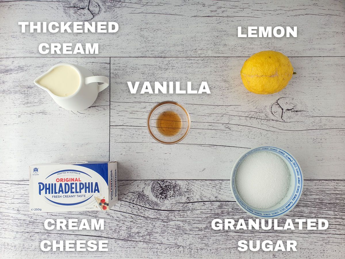 Anzac Cheesecake 3 Ingredients: thickened cream, cream cheese, vanilla extract, lemon, white sugar.