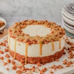 Anzac Cheesecake 11 Close up view of Anzac cheesecake with golden syrup caramel and Anzac slice base.